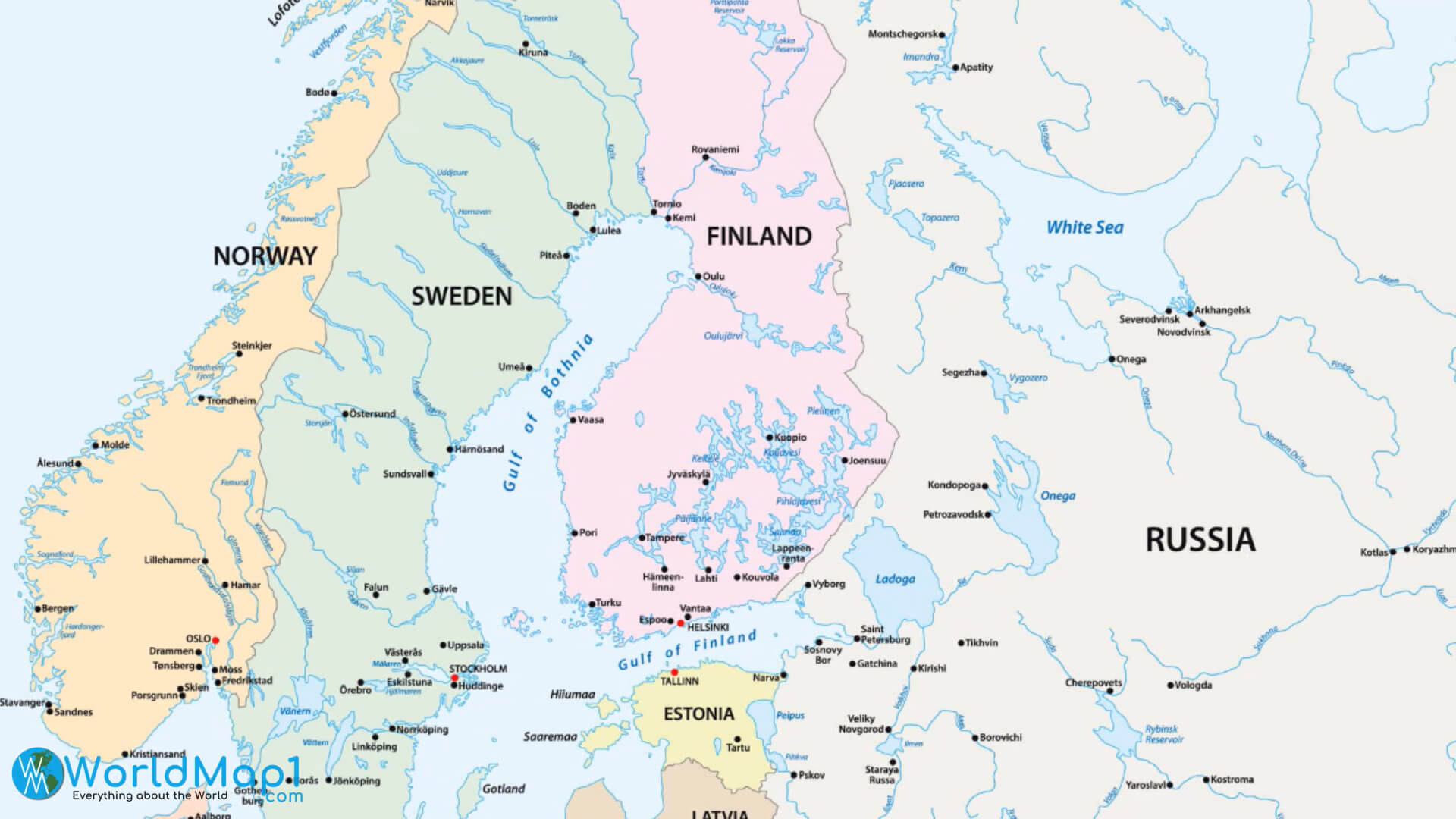 Scandinavian Countries and Russia Map with Estonia